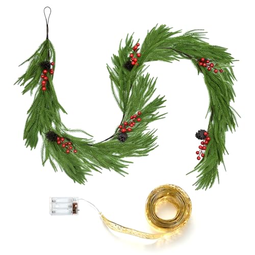 Package Includes: A 6 ft lush greenery garland decorated with pinecones and red berries, plus a 16.4 ft gold foil ribbon for elegant Christmas decorating Realistic Christmas Garland: Crafted from high-quality PE for a lifelike pine texture and natura...