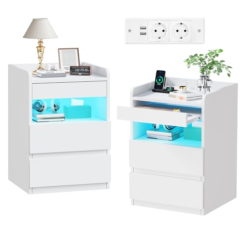 BEWISHOME Juego de 2 Mesitas de Noche,con Compartimento Oculto,con Luces LED y Estación de Carga Mesas Auxiliares(2 Tomas AC 2 Puertos USB),para Salón,Dormitorio (Blanco) EFCG02W