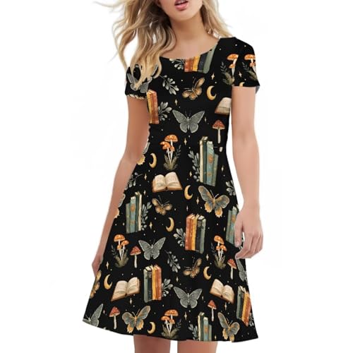 Image of POLERO Women Puffy Swing Elegant Party Midi Dresses Short Sleeve Round Neck A-Line Dress