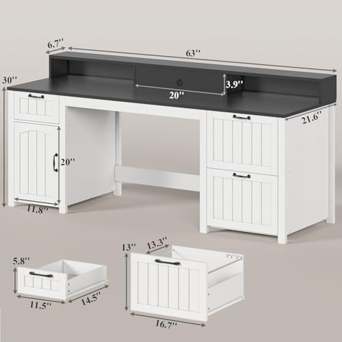 SEDETA Farmhouse 63\" Executive Desk, Home Office Desk with File Drawer and Monitor Stand, Computer Desk with Drawers and Storage Cabinet, Wood Desk for Work Study Writing, White