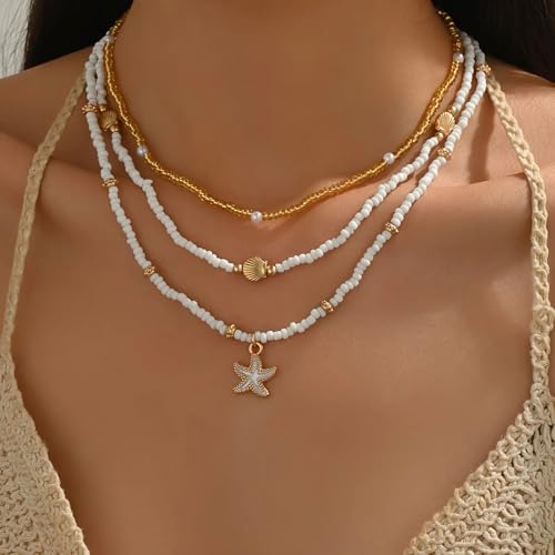 Shell Starfish Necklace for Women, 14k Gold Boho Layered Beaded Charm Pendant Necklace, Dainty Adjustable Pearl Conch Summer Beach Vacation Jewelry Gifts 5