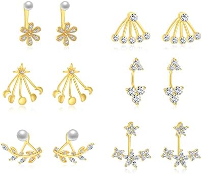 6-12 Pairs Star Ear Jacket Cuff Earrings Set, Gold Plated Front Back 2 in 1 with CZ Pearl, Flower Earring Studs For Women