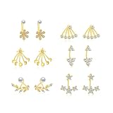 6-12 Pairs Star Ear Jacket Cuff Earrings Set, Gold Plated Front Back 2 in 1 with CZ Pearl, Flower Ea