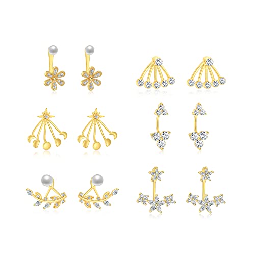 6-12 Pairs Star Ear Jacket Cuff Earrings Set, Gold Plated Front Back 2 In 1 With Cz Pearl, Flower Earring Studs For Women #TOP1