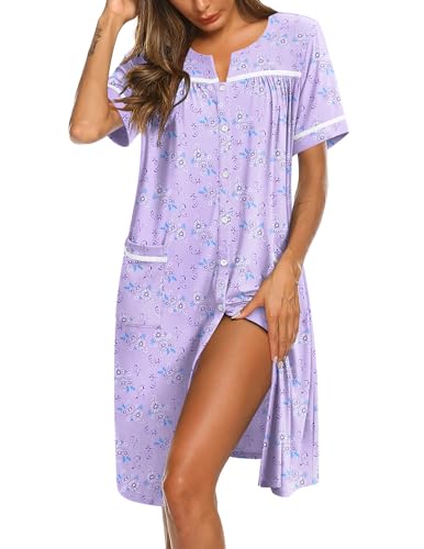 Image of Ekouaer Nightgowns for Women House Dress with Pockets Button Down Sleepshirt Short Sleeve Nightshirt Housecoat