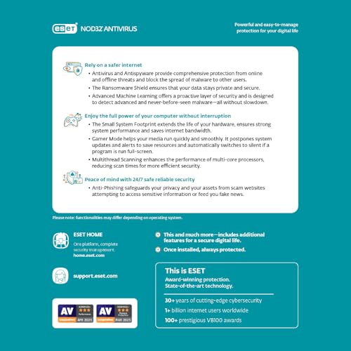 Image of ESET NOD32 Antivirus | 2025 Edition | 1 Device | 1 Year | Antivirus Software | Gamer Mode | Small System Footprint | Digital Download [PC /Mac]