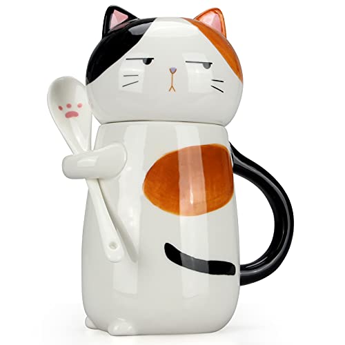 15 oz Cute Ceramic Coffee Mug with Lid and Spoon Adorable Cat Tea Cup for Women Ladies 3D Kawaii Cat Coffee Mug Lover Gift Porcelain Novelty Pusheen Kitty Tea Mug