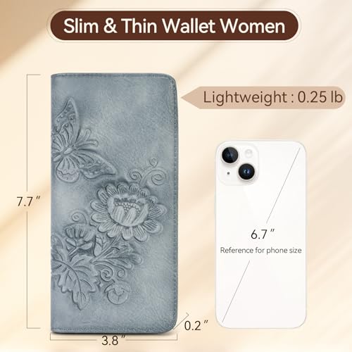 Image of Wallet Women Ultra Slim Thin Rfid 3D Embossed Vegan Leather Womens Wallet Clutch Long Ladies Wallet (06-Blue)