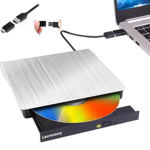 Laurensory External DVD Drive USB 3.0 Type-C USB Portable Player for Laptop CD DVD +/-RW Disk Drive CD ROM Burner Writer CD/DVD Burner Compatible with Desktop Windows Linux OS Apple MacBook, Silver