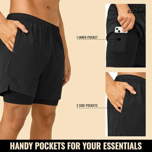 Image of SLOVIC Running Shorts for Men Stylish | 2 in 1 Double Layer Shorts | Lightweight & Breathable Gym Shorts for Men Workout | Ideal for Running, Gym & Sports Blue