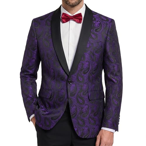 MY'S Men's Paisley Tuxedo Jacket, One Button Dress Suit Blazer, Floral Coat with Bow Tie for Dinner Party Prom Wedding Light Purple