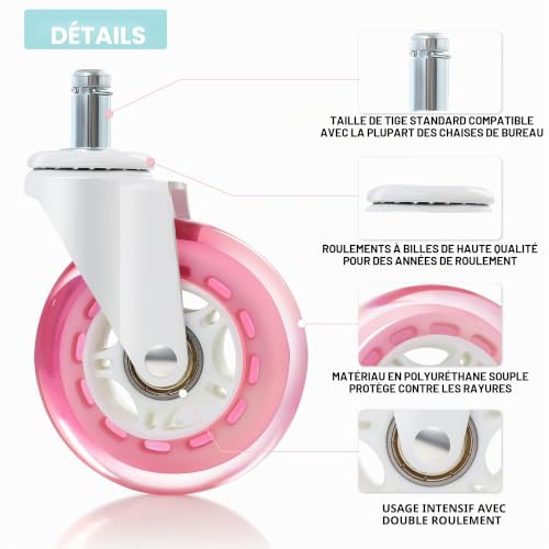 BAOLIHUI 5PCS Roulettes Chaise Bureau 11x22 mm – Roues en Caoutchouc PU, Glisse Fluide et Silencieuse, Protection des Sols, Supporte jusqu’à 300 kg – Remplacement Universel Blanc & Rose – vue 5