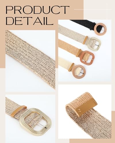 Image of WILLBOND 4 Pcs Women's Elastic Raffia Woven Belt, Boho Rattan Buckle Stretch Straw Wide Waist Belt for Dresses Jeans Pants