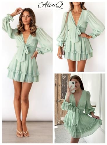 Image of AlvaQ Womens Spring Summer Knot Front V Neck Ruffles Long Sleeve Floral Print Swing Mini Dress, Medium