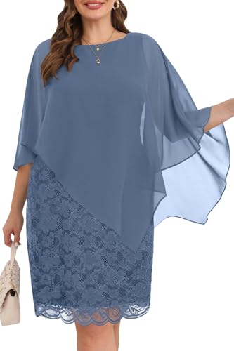 Women Mother Bride Dresses Plus Size Dusty Blue Wedding Guest Cocktail Lace Chiffon Overlay Pencil Knee Length Dress