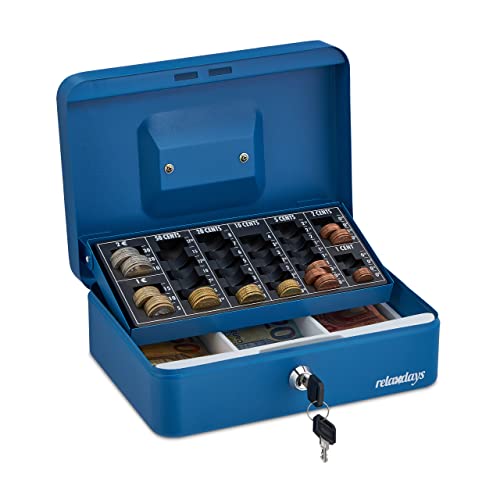 Relaxdays Caisse à Monnaie, monnayeur, verrouillable, Acier, transportable, pièces et Billets, HLP 9x25x18 cm, Bleue
