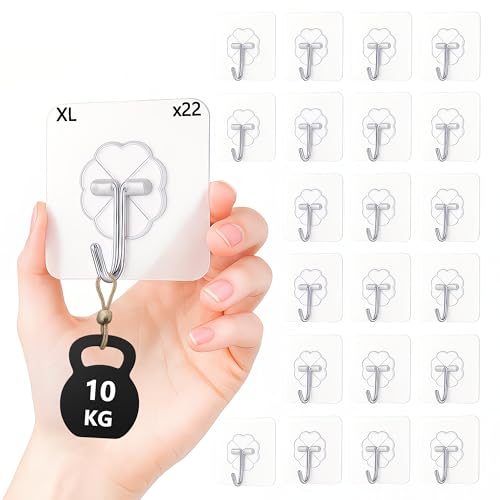 YEibi 22 Ganchos Adhesivos XL Resistentes 10kg, Ganchos Adhesivos Grandes Para Pared, Colgadores Autoadhesivos de Alta Resistencia, Ganchos Sin Agujeros, Para Toalla, Perchas, Sin Taladro