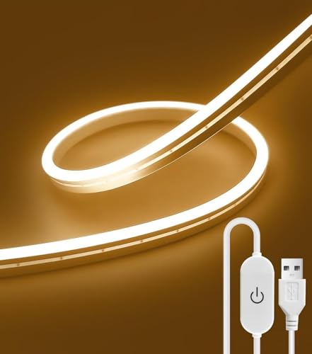 ShineBurky Ruban LED Néon 2 Mètres Blanc Chaud, 3000K 5V Bande LED Alimentation USB, Ruban LED Extérieur avec IP67 Etanche et Dimmer pour Cuisine, Armoire, Miroir, Décoration d'intérieur