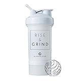 Rise & Grind on BlenderBottle Brand ProStak Shaker Cup, 22-oz. Protein Shaker Bottle with BlenderBall Whisk and 2 Twist n’ Lock Attachable containers (Rise & Grind - White)
