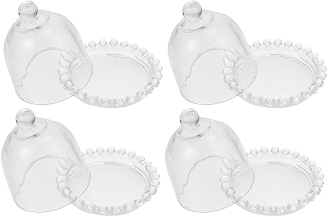 Tomaibaby 4pcs Mini Cake Stand Display Tray Glass Dessert Dome Food Dust Covers with Plate Melting Cloche Dome Cover for Home Kitchen Party 10X11. 5cm