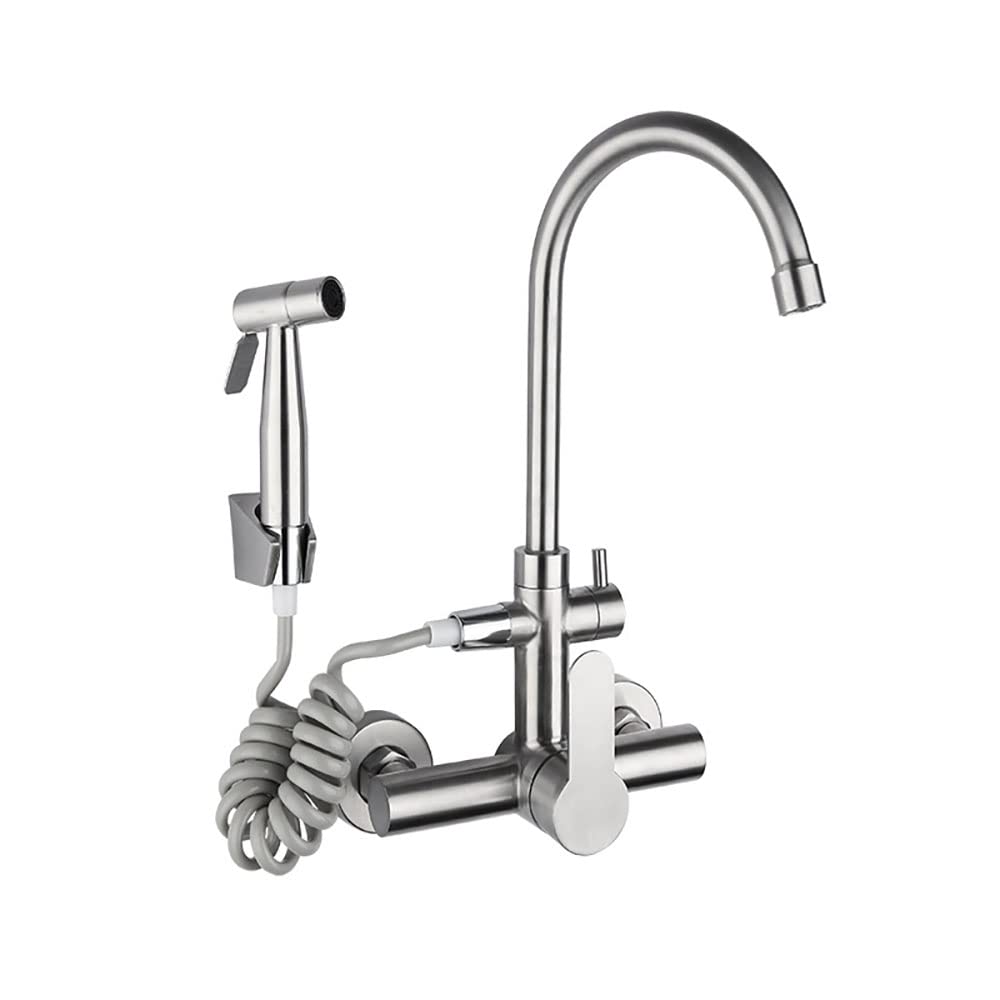 HomeLava Wasserhahn Küche Wandarmatur Wandmontage 360° Drehbare Edelstahl Spültischarmatur Kalt und Heiß Einhebelmischer Küchenarmatur Armatur mit Spritzpistole, Gebürstet