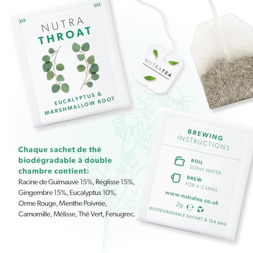 NUTRATHROAT - Thé pour la gorge | Tisane Confort de la Gorge - Pour le mal de gorge et la toux - Comprend la racine de guimauve et de l’orme glissant - 20 sachets de thé - Nutra Tea - Tisane – vue 5