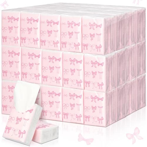 Therwen 20 Pack Pink Bow Travel Tissue Packs Bulk 1000 Sheet Mini Pocket Tissues Travel Size Coquette Birthday Party Favors Individually Wrapped