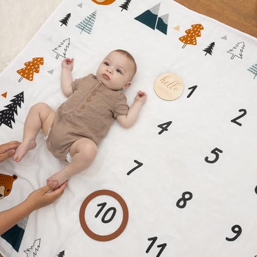 Image of Pondering Pine Organic Baby Monthly Milestone Blanket Boy - Growth Age Blanket for 1-12 Months Milestones with Month Marker Frame and Newborn Announcement Disc, Woodland, Bear, 47 inchx47 inch