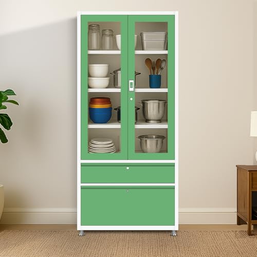 Image of Triveni Almirah Annapurna-5 Steel Wardrobe for Kitchen & Home Use | 10 Year Guarantee on Paint & Locks | 2-Door Glass Almirah with 2 Drawers | Separate Locks for Doors & Drawers | Powder-Coated Finish