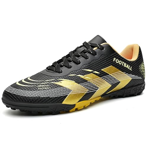 NUTTOPL Zapatillas de Fútbol Hombre Aire Libre Profesionales Atletismo Calzado de Fútbol Zapatillas de Deporte Entrenamiento para Césped Artificial Negro Oro 35 EU