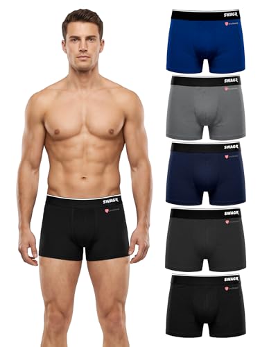 SWAGR 5 Pack Men's Super Combed Cotton Underwear Trunks | Classic TruComfort Fit | Powered by ZincShield Anti-Bacterial Tech | Aerflo Breathability | 4-Way FlexStretch | SOXCO Style SG05