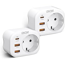 Cargador Celular Watts LENCENT 2X Enchufes USB 4000W, Cargador USB C con Carga Rápida QC3.0+PD20W, Cargador con 1 Toma de CA & 3 Puertos USB, Cargador para Móvil, Tableta, Adecuedo para Familia, Cocina y Oficina