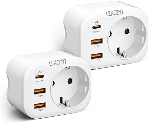 LENCENT 2 Stück USB Steckdose Mehrfachstecker mit 1 PD & 2 QC USB 3,0 | EU Adapter, Schnellladung Anschlüße, Wand Steckdose Schuko 4000W Stromadapter Stecker für Phone und Haushalt
