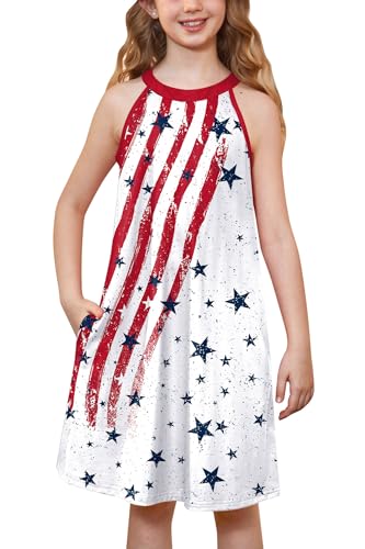 BesserBay July 4th Girls Halter Neck Sleeveless Midi Dress with Side Pockets 4-12 Years