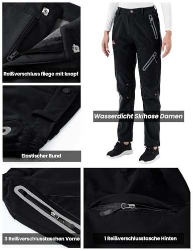 Rdruko Softshellhose Damen Winter Skihose Wasserdicht Thermohose Gefüttert Warm Winterhos Outdoorhose Wanderhose Trekkinghose mit Taschen (Rein Schwarz, L)