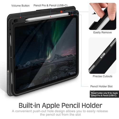 Image of KingBlanc Notebook-Style Case for iPad Pro 11-inch (M5 2025 /M4 2024), Black | Vintage Vegan Leather Cover with Pencil Holder, Magnetic Closure, Multi-Angle Stand for Viewing /Typing, Auto Sleep /Wake