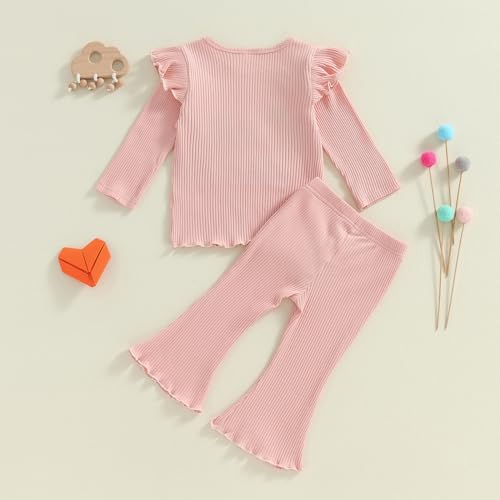 Baby Birthday Girl Outfit Birthday Girl Print Ribbed Ruffle Sleeve Shirt Solid Flare Pant Leggings Fall 2pcs Clothes3