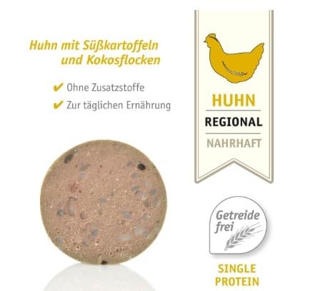Anibio 8 x Tolle Rolle Huhn 400g | Getreidefrei | Nassfutter für Hunde | Single Protein | mit Süßkartoffeln und Kokosflocken | Ohne Zusatzstoffe | Glutenfrei | Geprüfte Qualität