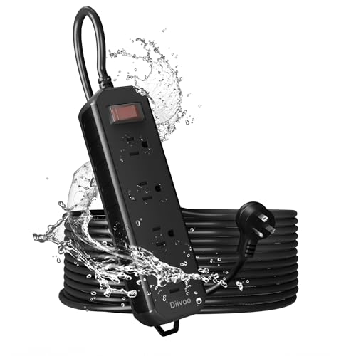 Outdoor Power Strip Weatherproof, 25 FT Extension Cord, Diivoo Waterproof Surge Protector with 4 Outlets 1250W Shockproof Overload Protection, Flat Plug, Black