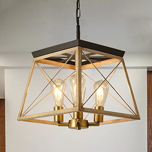 Dcv 4-Light Farmhouse Pendant Light Vintage Chandeliers Wood Industrial Kitchen Lights Ceiling Hanging Adjustable Island Square Light Fixture For Dining Room Foyer Hallway Entryway, Black And Brown #TOP5
