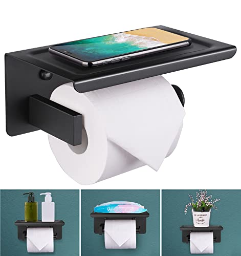 Toilet Paper Holder With Shelf, Two Installation Of Wall Mounted With Adhesive And Screws Toilet Paper Roll Holder, Bathroom Washroom 304 Stainless Steel Toilet Roll Holder With Shelf - Matte Black #TOP2