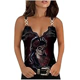Masrin Damen Leibchen Spitzenverzierung Patchwork-Tank Tops mit V-Ausschnitt Gothic Totenkopf Druckweste Sommer Slim Kurzbluse(M,Schwarz)