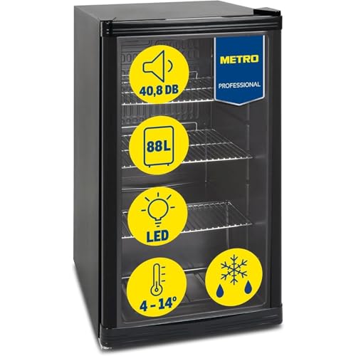 METRO Professional Mini-Kühlschrank GPC1088 mit Glastür - aus Glas und Metall - für Zimmer Büro - Kühlschrank für Getränke Snacks Kosmetik - Minibar - 49x43x83cm - 88L - Statische-Kühlung - Schwarz