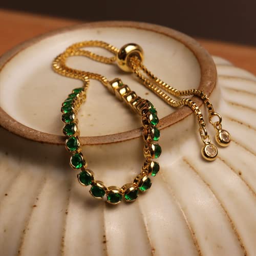Agriajun Emerald Green Tennis Bracelet For Women Girls - Cute Dainty Thin Gold Chain Adjustable Box Chain - Fashion Sparkly Cubic Zirconia Cz Rhinestone Birthstone Prom Jewelry Gift #TOP2
