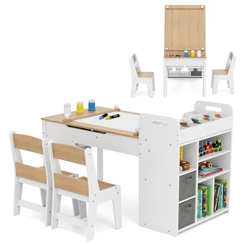 COSTWAY Kindertisch mit 2 Stühlen, 3 in 1 Maltisch+Staffelei Holz mit...
