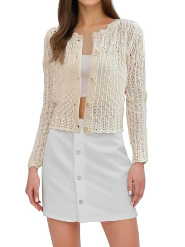 Image of GORGLITTER Women's Button Up Cropped Cardigan Fall Sweaters Lightweight Open Front Cute Long Sleeve Crochet Knit Tops
