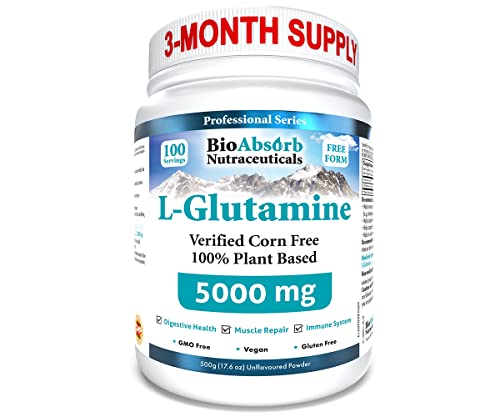 L-Glutamine Powder, Corn-Free, Non-GMO, 100-Day Supply, Vegan L Glutamine For Gut Health & Post Workout (500 mg)