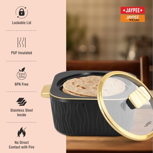 Image of JAYPEE Crinkle Klass Inner Stainless Steel Casserole Set of 3(1000+1500+2000) ml PUF Insulated Gold Finish Handle Lockable Lid BPA Free Hot Box for Kitchen Roti Box Hot Pot Serving Casserole,Black