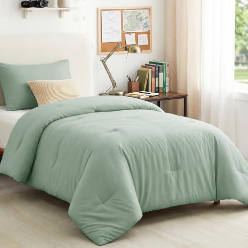 CozyLux Twin Comforter Set College Dorm Essentials 2 Pieces Sage Green Twin Extra Long Solid Bedding Set Twin XL Soft Bed Set with Down Alternative Comforter and 1 Pillowcase Back to School