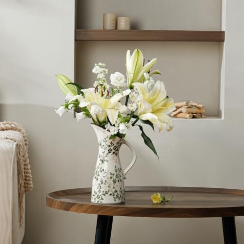 Image of Ceramic Flower Vase | Green Rustic Farmhouse Pitcher Vase for Home Decor, Vintage Floral Tuscan Vase for Living Room & Kitchen, Mantel & Bookshelf, Centerpieces, Entryway, Wedding(10.5 Inch)